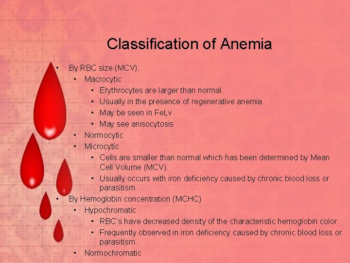 Classification of Anemia • • By RBC size (MCV): • Macrocytic • Erythrocytes are