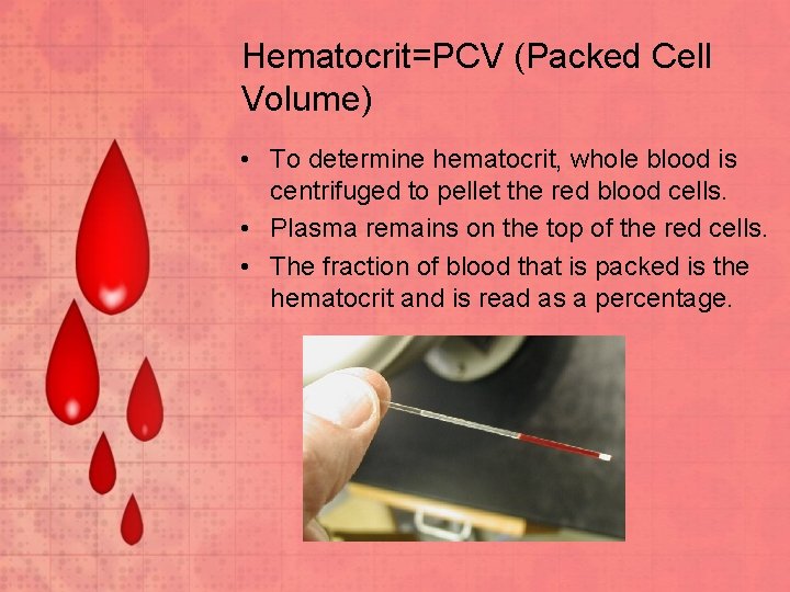 Hematocrit=PCV (Packed Cell Volume) • To determine hematocrit, whole blood is centrifuged to pellet