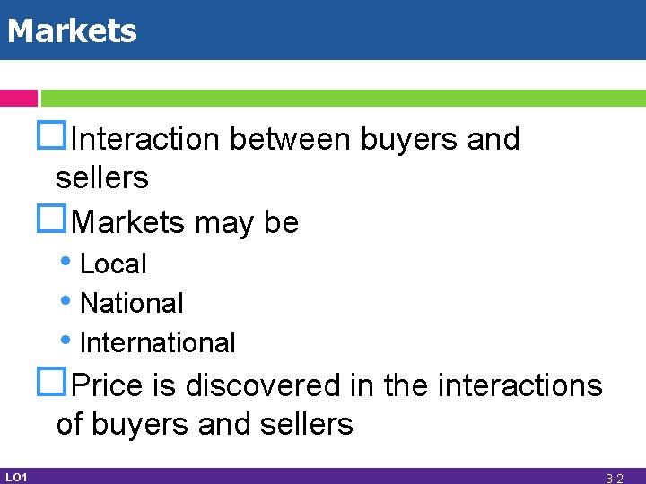 Markets Interaction between buyers and sellers Markets may be • Local • National •