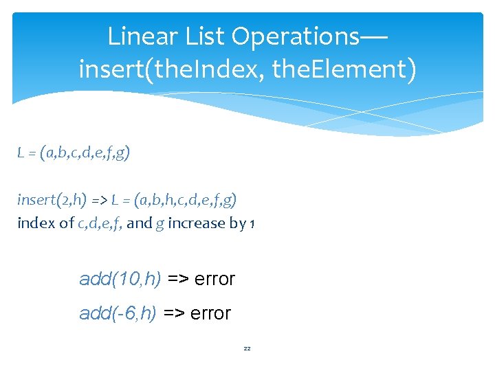 Linear List Operations— insert(the. Index, the. Element) L = (a, b, c, d, e,