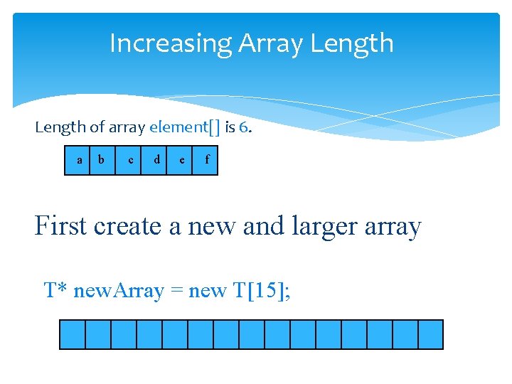 Increasing Array Length of array element[] is 6. a b c d e f