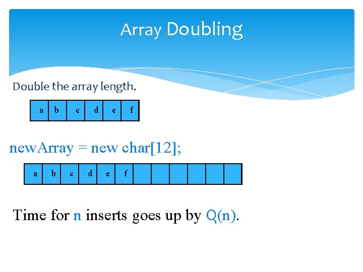 Array Doubling Double the array length. a b c d e f new. Array
