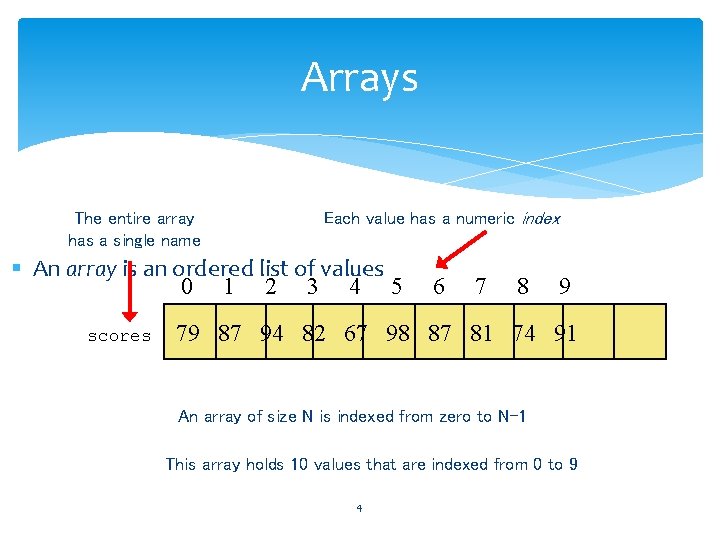 Arrays The entire array has a single name Each value has a numeric index