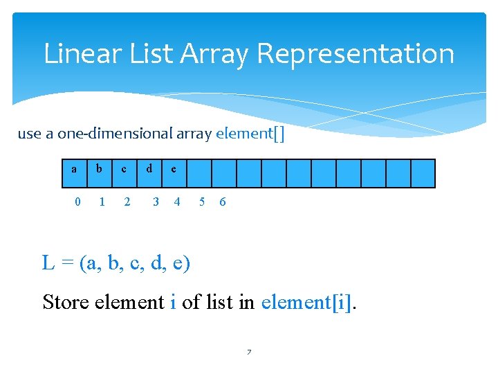 Linear List Array Representation use a one-dimensional array element[] a b c 0 1