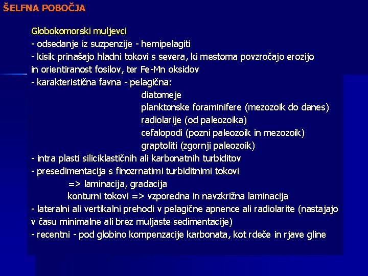 ŠELFNA POBOČJA Globokomorski muljevci - odsedanje iz suzpenzije - hemipelagiti - kisik prinašajo hladni