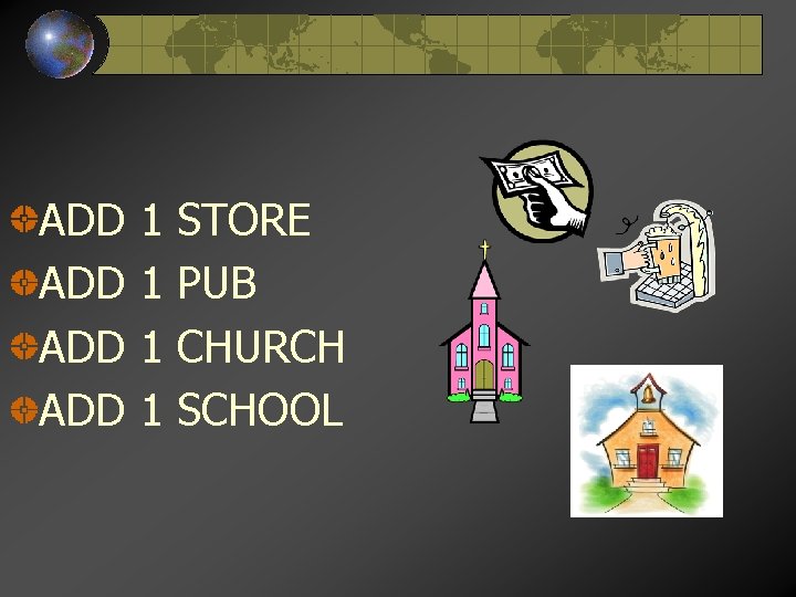 ADD ADD 1 1 STORE PUB CHURCH SCHOOL 