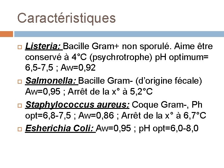 Caractéristiques Listeria: Bacille Gram+ non sporulé. Aime être conservé à 4°C (psychrotrophe) p. H