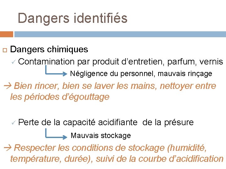 Dangers identifiés Dangers chimiques ü Contamination par produit d’entretien, parfum, vernis Négligence du personnel,