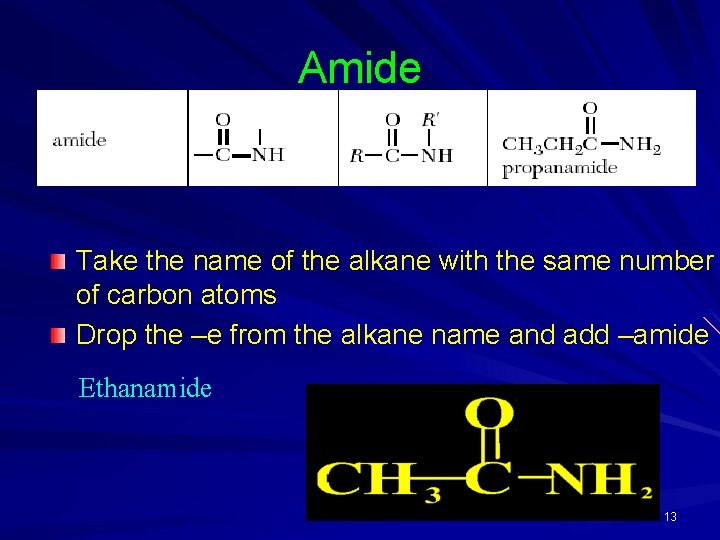Amide Take the name of the alkane with the same number of carbon atoms