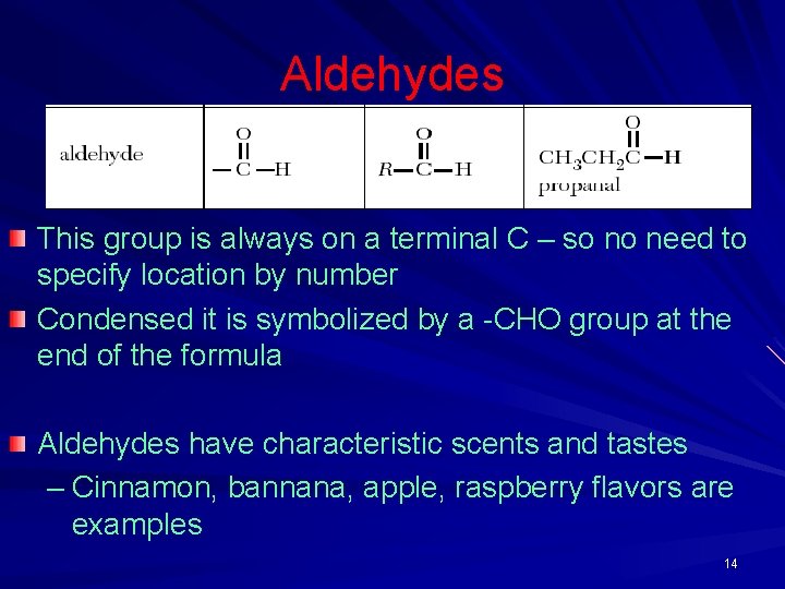 Aldehydes This group is always on a terminal C – so no need to