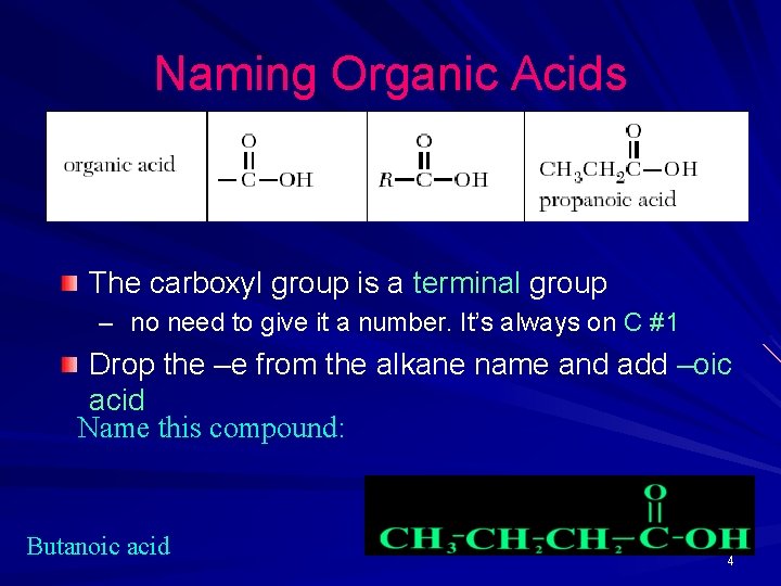 Naming Organic Acids The carboxyl group is a terminal group – no need to