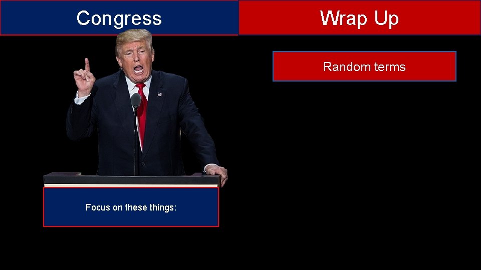 Congress Wrap Up Random terms Focus on these things: 