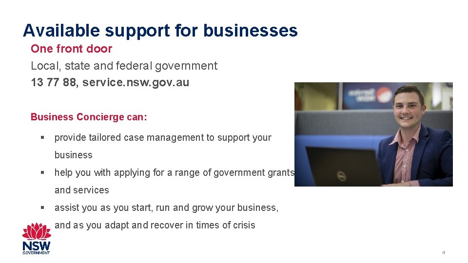 Available support for businesses One front door Local, state and federal government 13 77