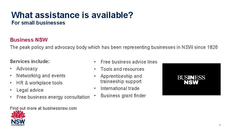 What assistance is available? For small businesses Business NSW The peak policy and advocacy