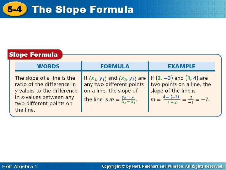 5 -4 The Slope Formula Holt Algebra 1 