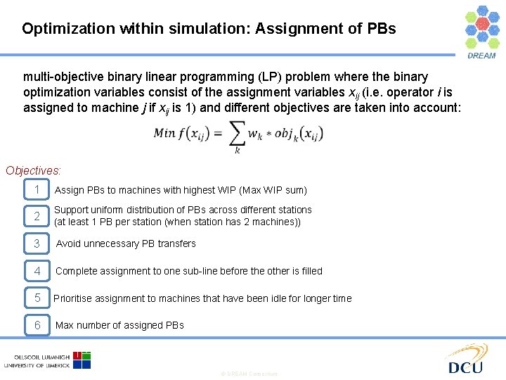 Optimization within simulation: Assignment of PBs multi-objective binary linear programming (LP) problem where the