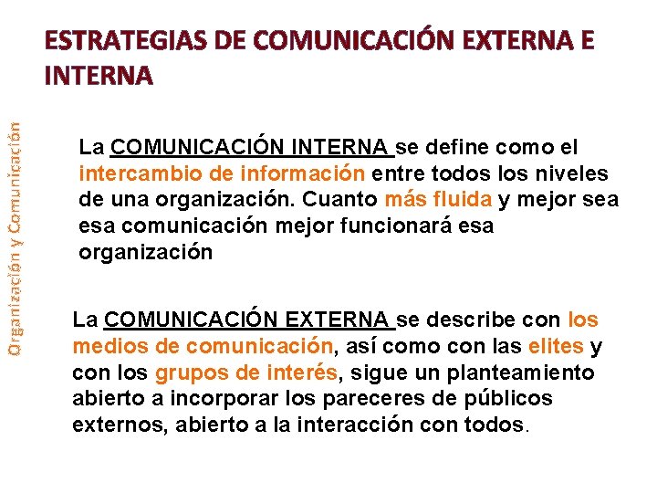 Organización y Comunicación ESTRATEGIAS DE COMUNICACIÓN EXTERNA E INTERNA La COMUNICACIÓN INTERNA se define