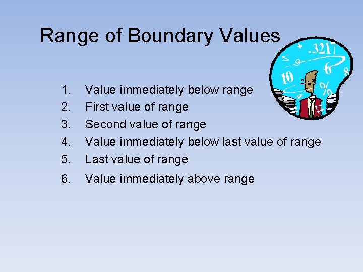 Range of Boundary Values 1. 2. 3. 4. 5. Value immediately below range First