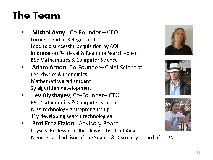 The Team • Michal Avny, Co-Founder – CEO Former head of Relegence IL Lead