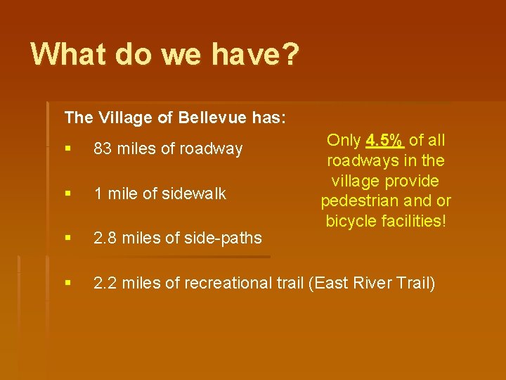 What do we have? The Village of Bellevue has: Only 4. 5% of all