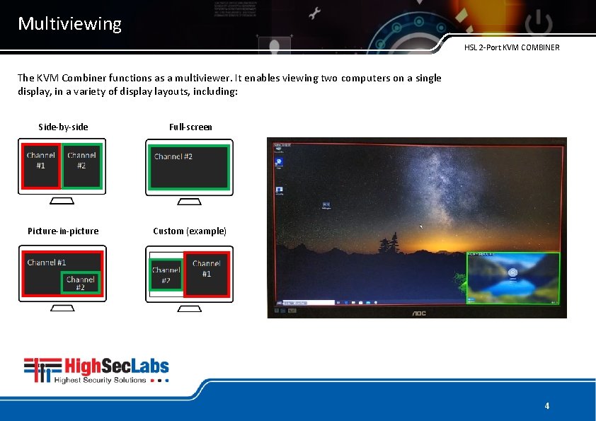 Multiviewing HSL 2 -Port KVM COMBINER The KVM Combiner functions as a multiviewer. It