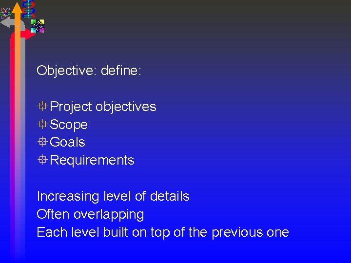 Objective: define: ° Project objectives ° Scope ° Goals ° Requirements Increasing level of