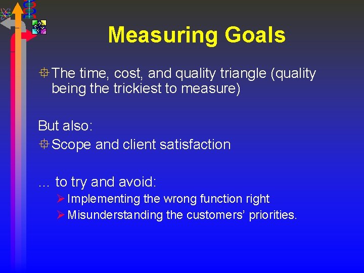 Measuring Goals ° The time, cost, and quality triangle (quality being the trickiest to