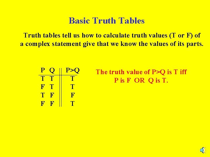 Basic Truth Tables Truth tables tell us how to calculate truth values (T or