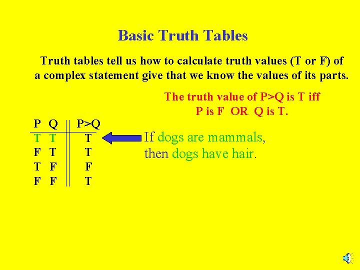 Basic Truth Tables Truth tables tell us how to calculate truth values (T or