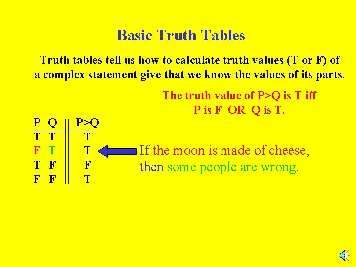 Basic Truth Tables Truth tables tell us how to calculate truth values (T or