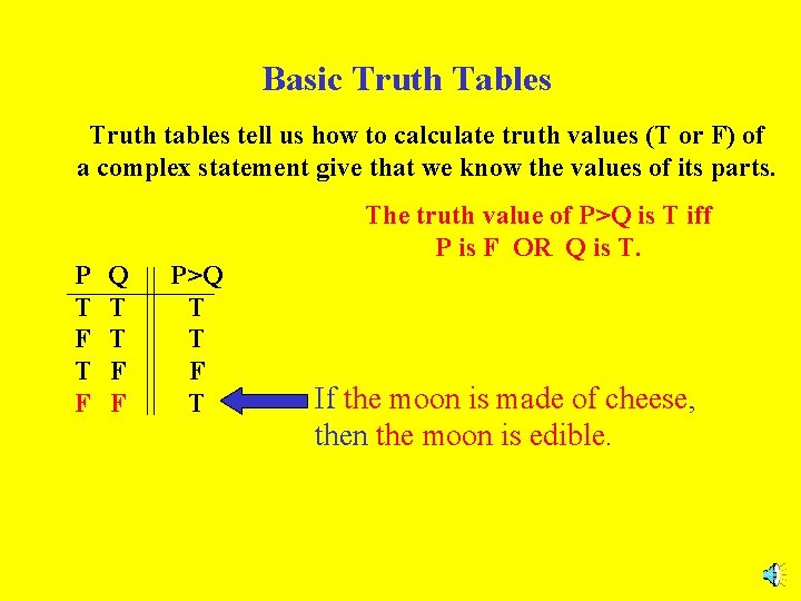 Basic Truth Tables Truth tables tell us how to calculate truth values (T or