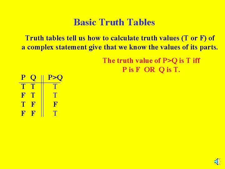 Basic Truth Tables Truth tables tell us how to calculate truth values (T or