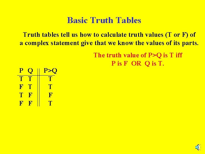 Basic Truth Tables Truth tables tell us how to calculate truth values (T or