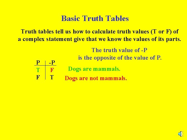 Basic Truth Tables Truth tables tell us how to calculate truth values (T or