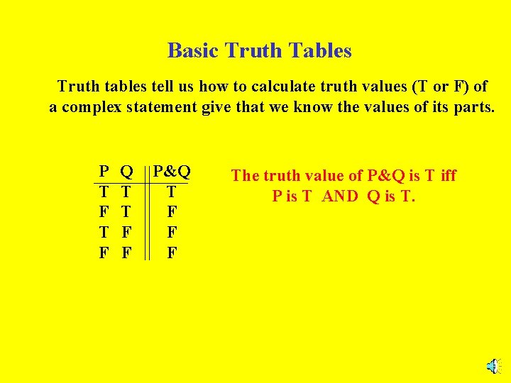 Basic Truth Tables Truth tables tell us how to calculate truth values (T or
