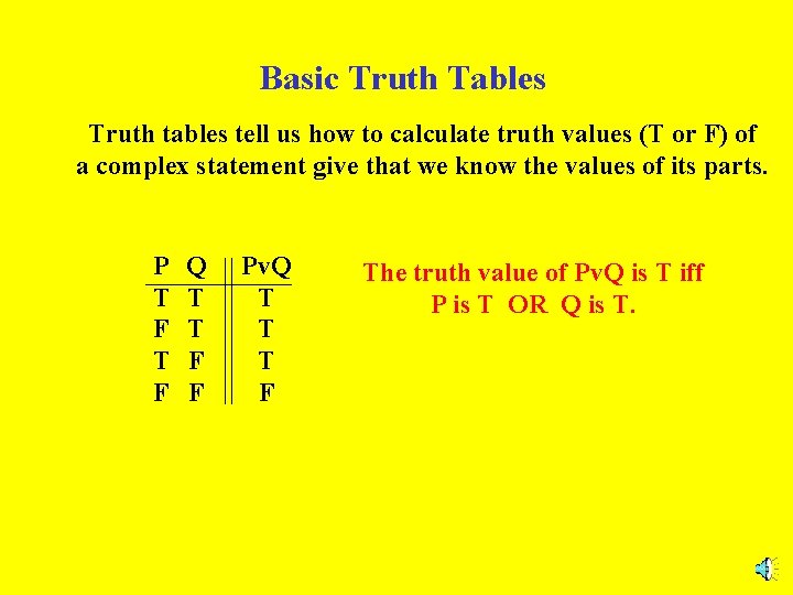 Basic Truth Tables Truth tables tell us how to calculate truth values (T or