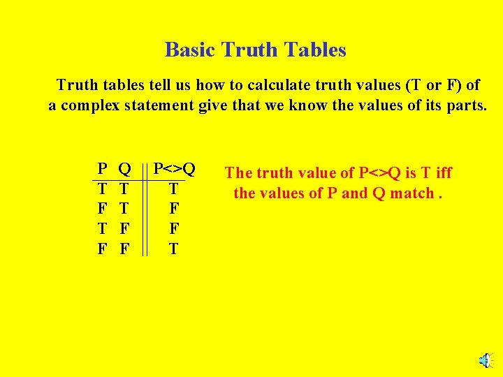 Basic Truth Tables Truth tables tell us how to calculate truth values (T or
