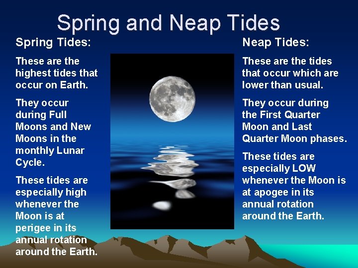 Spring and Neap Tides Spring Tides: Neap Tides: These are the highest tides that