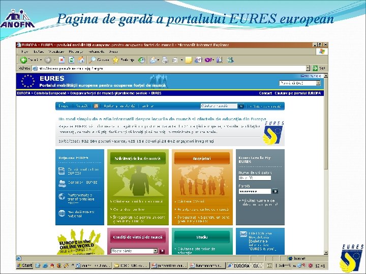 Pagina de gardă a portalului EURES european Pagina de gardă a portalului EURES european