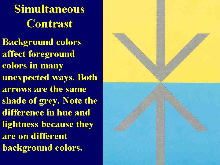 Simultaneous Contrast Background colors affect foreground colors in many unexpected ways. Both arrows are