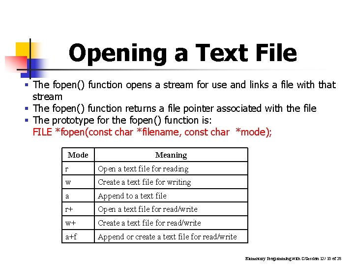 Opening a Text File § The fopen() function opens a stream for use and Opening a Text File § The fopen() function opens a stream for use and