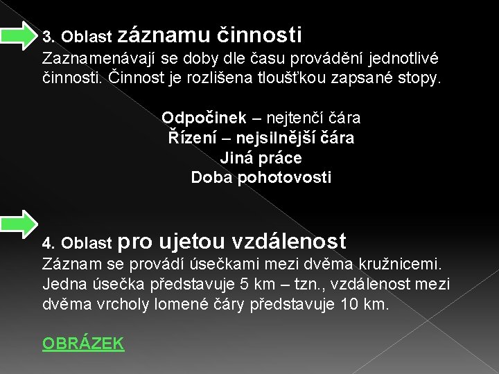 3. Oblast záznamu činnosti Zaznamenávají se doby dle času provádění jednotlivé činnosti. Činnost je