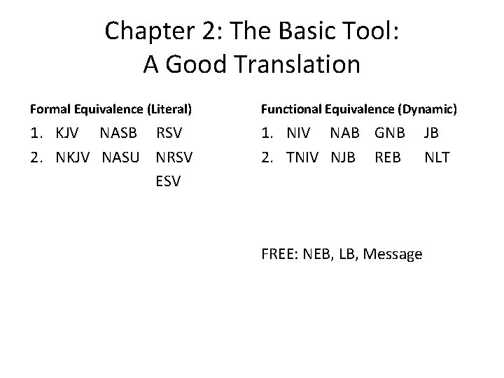 Chapter 2: The Basic Tool: A Good Translation Formal Equivalence (Literal) Functional Equivalence (Dynamic)