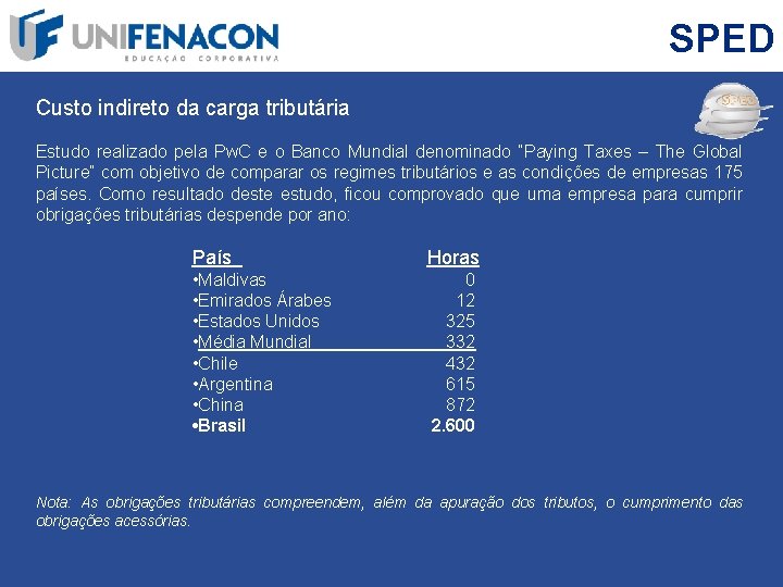 SPED Custo indireto da carga tributária Estudo realizado pela Pw. C e o Banco