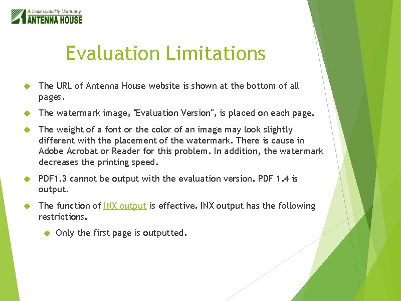 Evaluation Limitations The URL of Antenna House website is shown at the bottom of