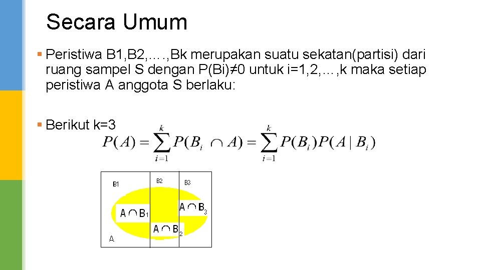 Secara Umum § Peristiwa B 1, B 2, …. , Bk merupakan suatu sekatan(partisi)