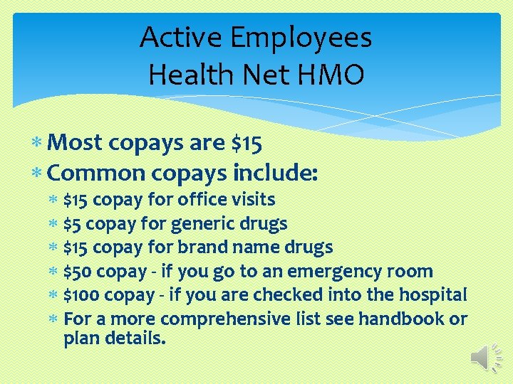 Active Employees Health Net HMO Most copays are $15 Common copays include: $15 copay