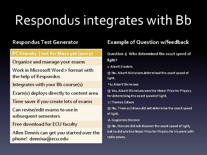 Respondus integrates with Bb Respondus Test Generator Example of Question w/feedback PC friendly |