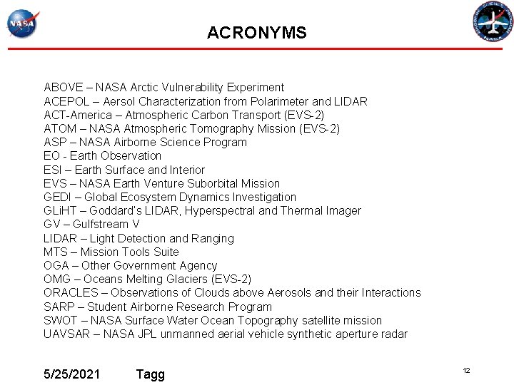 ACRONYMS ABOVE – NASA Arctic Vulnerability Experiment ACEPOL – Aersol Characterization from Polarimeter and