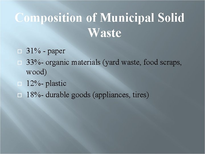 Composition of Municipal Solid Waste 31% - paper 33%- organic materials (yard waste, food